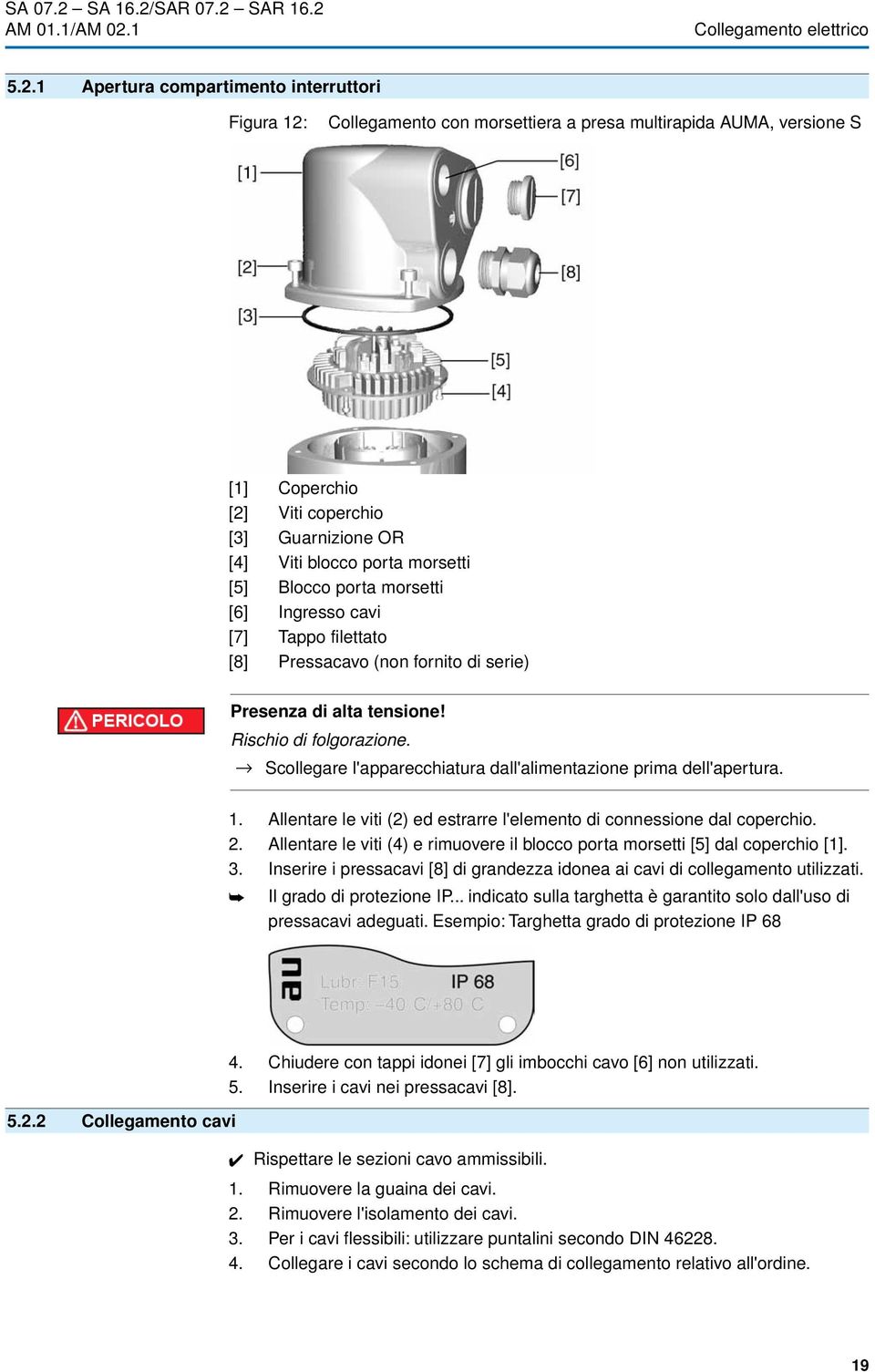 1 Apertura compartimento interruttori Figura 12: Collegamento con morsettiera a presa multirapida AUMA, versione S [1] Coperchio [2] Viti coperchio [3] Guarnizione OR [4] Viti blocco porta morsetti