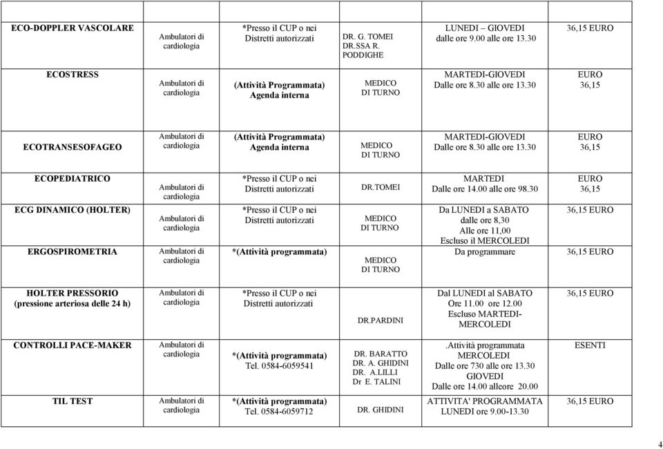 30 EURO 36,15 ECOPEDIATRICO ECG DINAMICO (HOLTER) ERGOSPIROMETRIA *Presso il o nei *Presso il o nei *(Attività programmata) DR.TOMEI MARTEDI Dalle ore 14.00 alle ore 98.