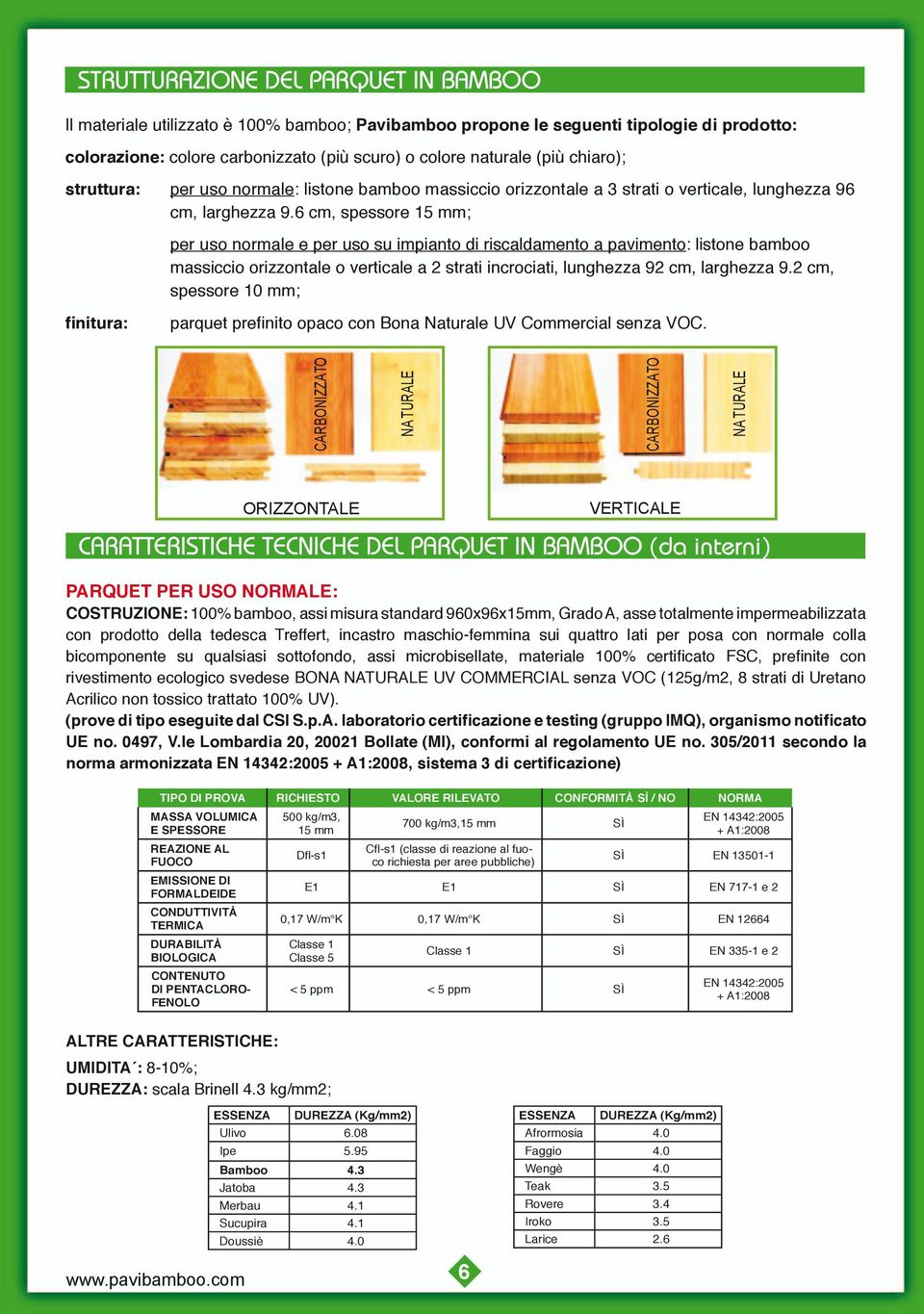 6 cm, spessore 15 mm; per uso normale e per uso su impianto di riscaldamento a pavimento: listone bamboo massiccio orizzontale o verticale a 2 strati incrociati, lunghezza 92 cm, larghezza 9.