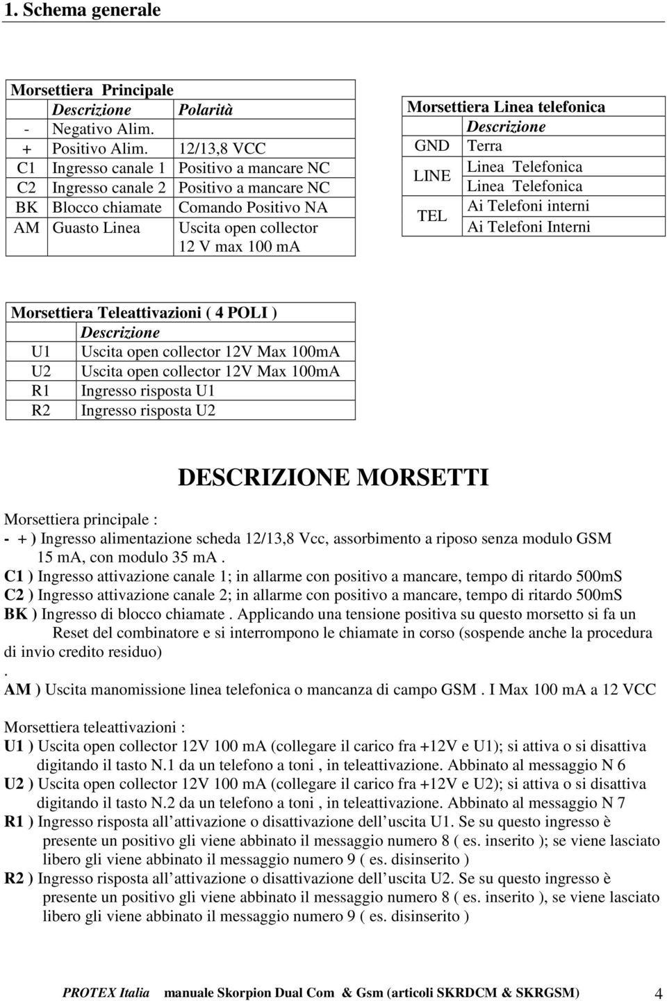 Morsettiera Linea telefonica Descrizione GND Terra Linea Telefonica LINE Linea Telefonica Ai Telefoni interni TEL Ai Telefoni Interni Morsettiera Teleattivazioni ( 4 POLI ) Descrizione U1 Uscita open