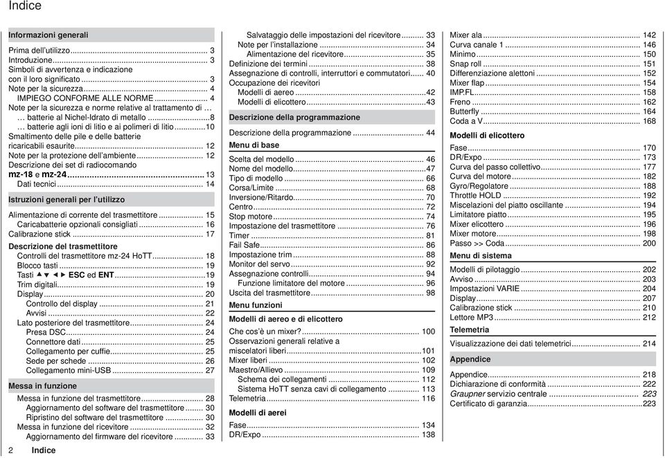 ..10 maltimento delle pile e delle batterie ricaricabili esaurite... 12 Note per la protezione dell ambiente... 12 Descrizione dei set di radiocomando mz-18 e mz-24... 13 Dati tecnici.