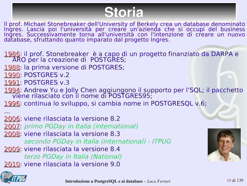 Stonebreaker è a capo di un progetto finanziato da DARPA e ARO per la creazione di POSTGRES; 1988: 1988 la prima versione di POSTGRES; 1990: 1990 POSTGRES v.2 1991: 1991 POSTGRES v.