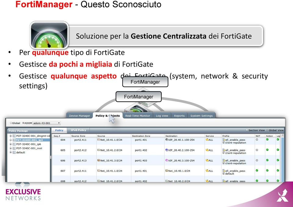 FortiGate Gestisce qualunque aspetto dei FortiGate (system, network & security