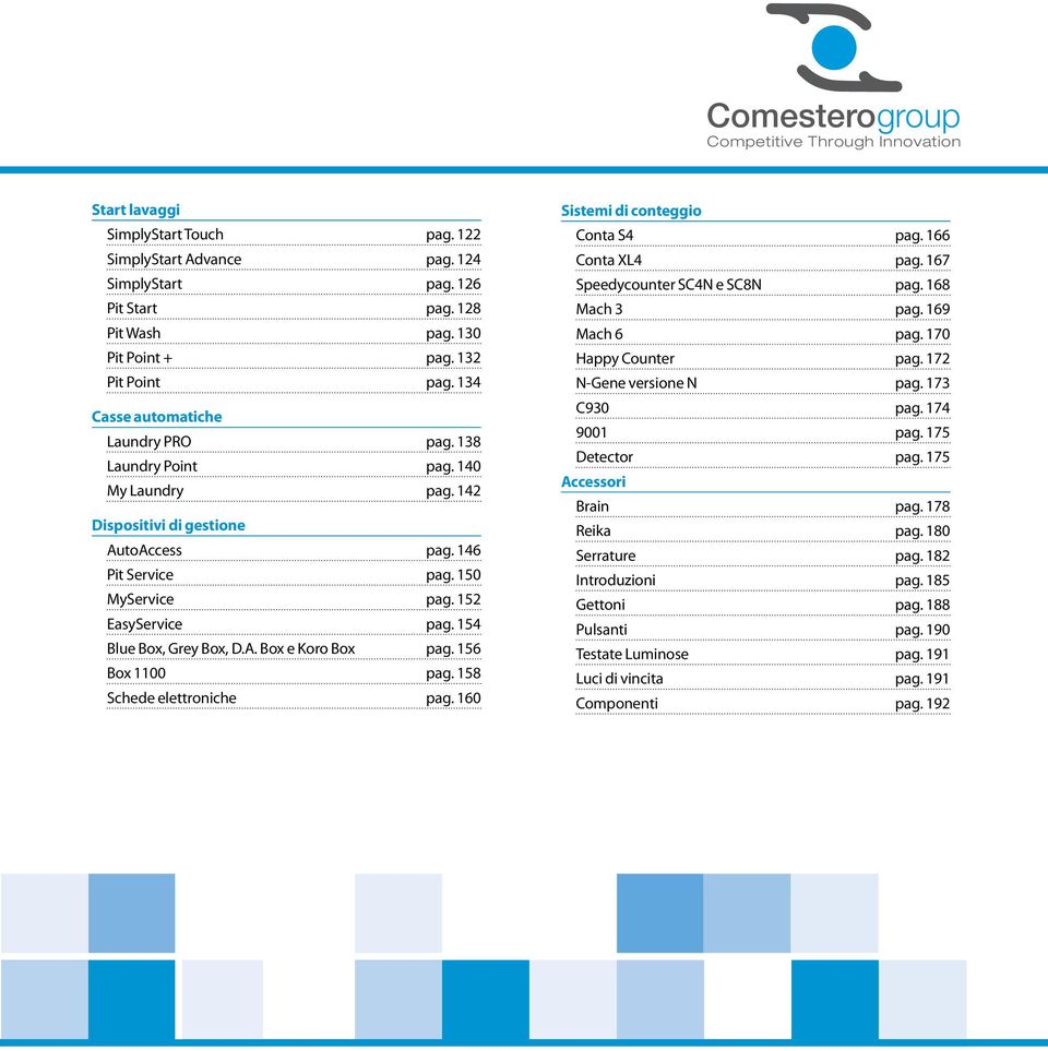 152 EasyService pag. 154 Blue Box, Grey Box, D.A. Box e Koro Box pag. 156 Box 1100 pag. 158 Schede elettroniche pag. 160 Sistemi di conteggio Conta S4 pag. 166 Conta XL4 pag.