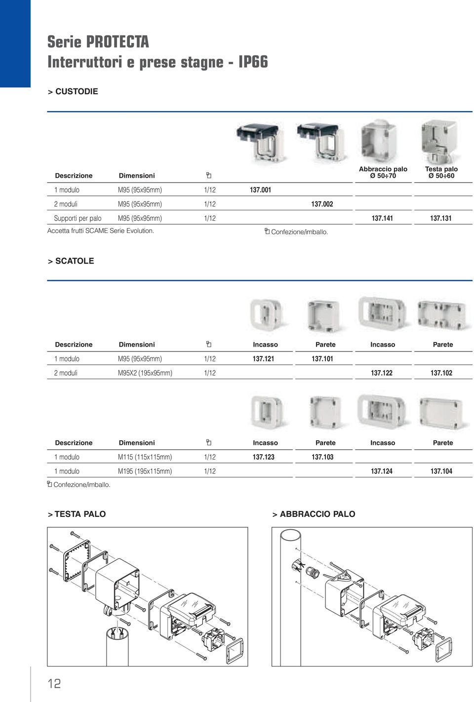 > SCATOLE Descrizione Dimensioni Incasso Parete Incasso Parete 1 modulo M95 (95x95mm) 1/12 137.121 137.101 2 moduli M95X2 (195x95mm) 1/12 137.122 137.