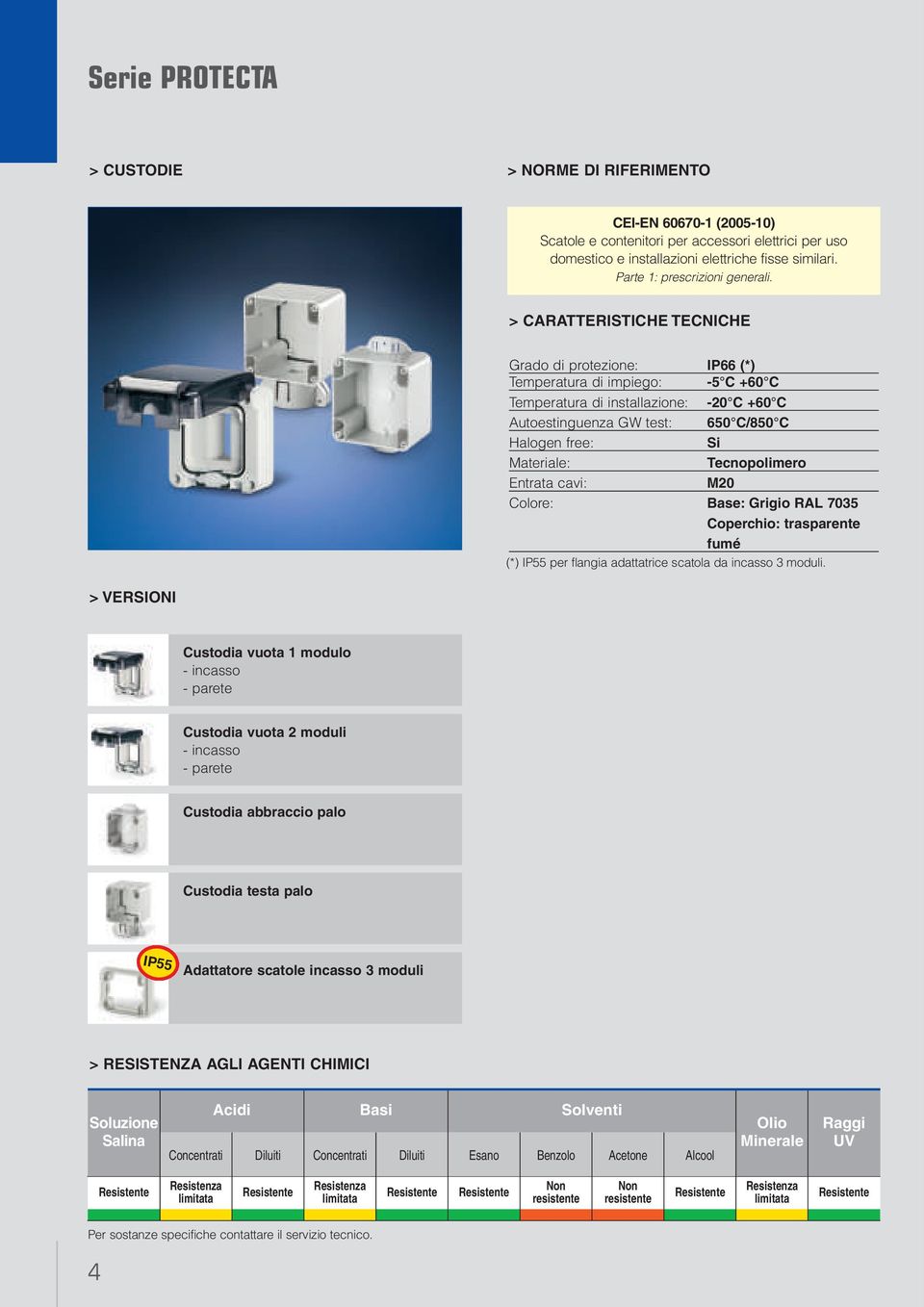 > CARATTERISTICHE TECNICHE Grado di protezione: IP66 (*) Temperatura di impiego: -5 C +60 C Temperatura di installazione: -20 C +60 C Autoestinguenza GW test: 650 C/850 C Halogen free: Si Materiale: