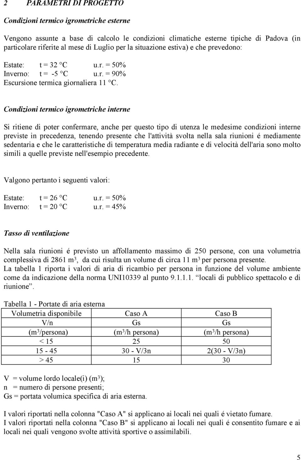 Condizioni termico igrometriche interne Si ritiene di poter confermare, anche per questo tipo di utenza le medesime condizioni interne previste in precedenza, tenendo presente che l'attività svolta