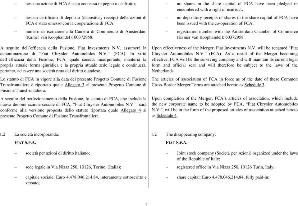 no depository receipts of shares in the share capital of FCA have been issued with the co-operation of FCA; registration number with the Amsterdam Chamber of Commerce (Kamer van Koophandel): 60372958.