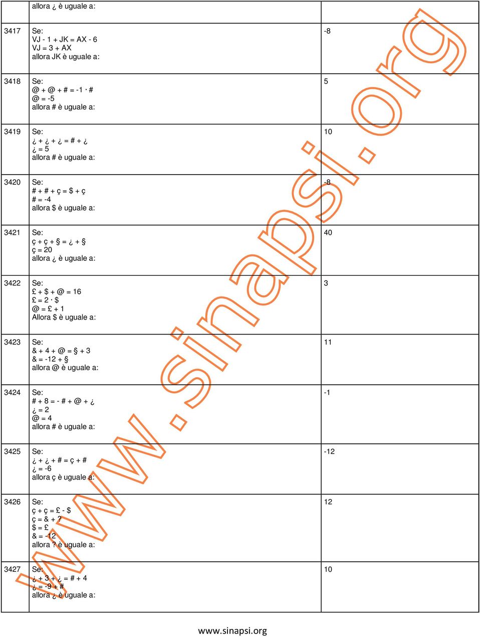 $ @ = + 1 Allora $ è uguale a: 3 3423 Se: & + 4 + @ = + 3 & = -12 + allora @ è uguale a: 11 3424 Se: # + 8 = - # + @ + = 2 @ = 4 allora # è uguale a: -1 3425 Se:
