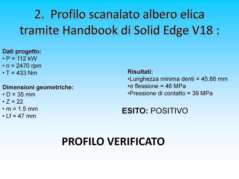 Z = m = 1.5 mm Lf = 47 mm Risultati: Lunghezza minima denti = 45.