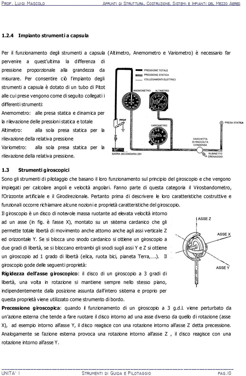 Per consentire ciò l impianto degli strumenti a capsula è dotato di un tubo di Pitot alle cui prese vengono come di seguito collegati i differenti strumenti: Anemometro: alle presa statica e dinamica