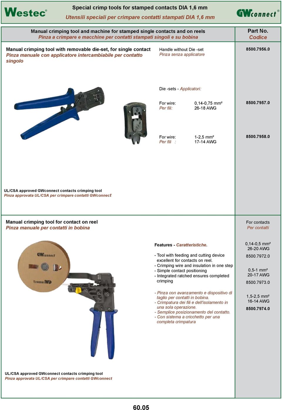 without Die -set Pinza senza applicatore 8500.7956.0 Die -sets - Applicatori: For wire: Per fili: 0,14-0,75 mm² 26-18 AWG 8500.7957.0 For wire: Per fili : 1-2,5 mm² 17-14 AWG 8500.7958.