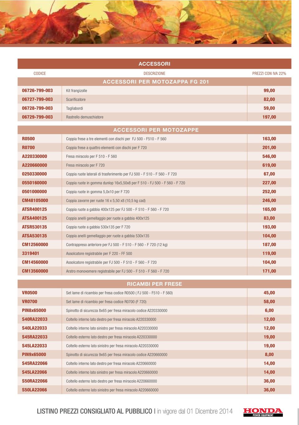 560 546,00 A220660000 Fresa miracolo per F 720 619,00 0250330000 Coppia ruote laterali di trasferimento per FJ 500 - F 510 - F 560 - F 720 67,00 0550160000 Coppia ruote in gomma dunlop 16x5,50x8 per