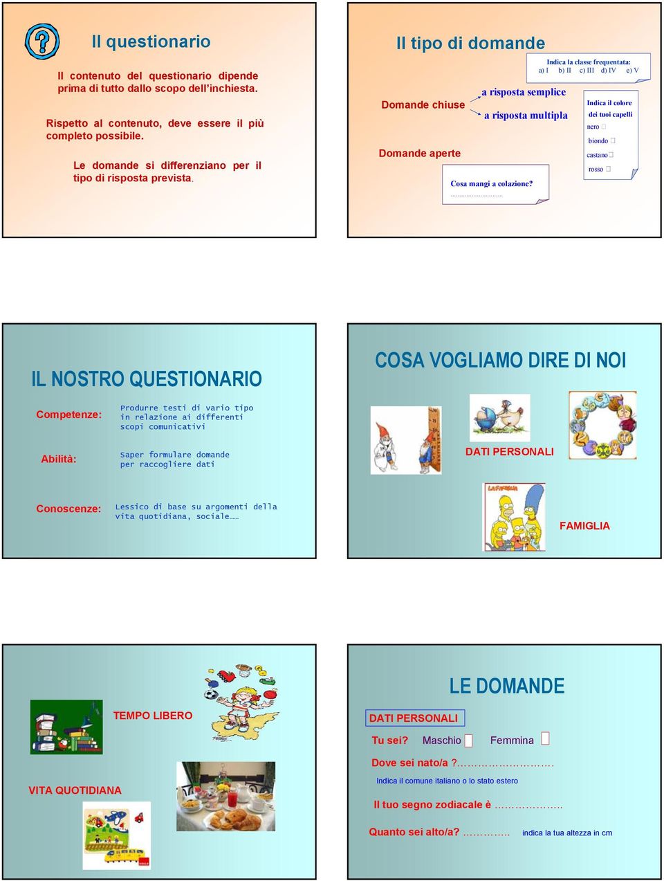 Indica la classe frequentata: a) I b) II c) III d) IV e) V Indica il colore dei tuoi capelli nero biondo castano rosso IL STRO QUESTIONARIO COSA VOGLIAMO DIRE DI I Competenze: Abilità: Produrre testi