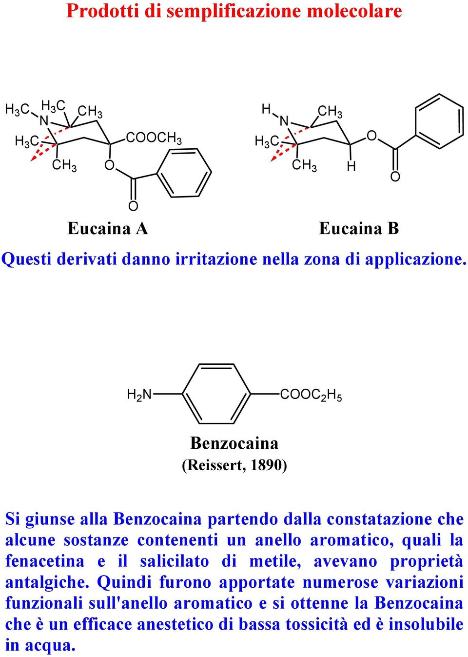 2 C Benzocaina (Reissert, 1890) Si giunse alla Benzocaina partendo dalla constatazione che alcune sostanze contenenti un anello