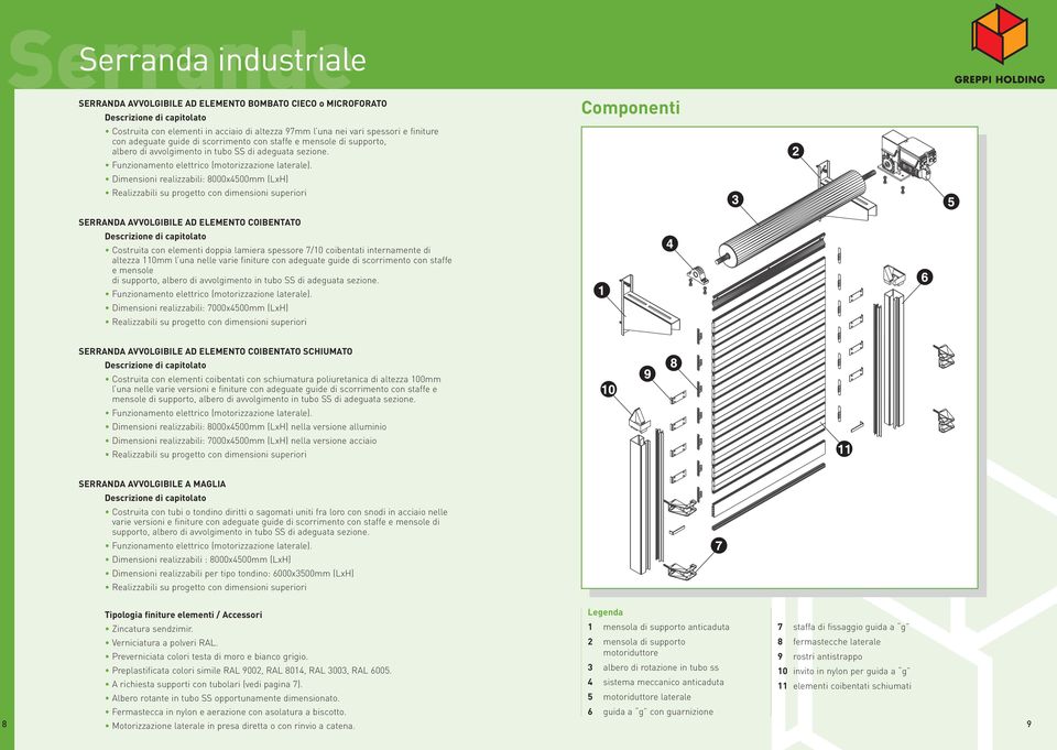 Dimensioni realizzabili: 8000x4500mm (LxH) Realizzabili su progetto con dimensioni superiori Componenti SERRANDA AVVOLGIBILE AD ELEMENTO COIBENTATO Costruita con elementi doppia lamiera spessore 7/10