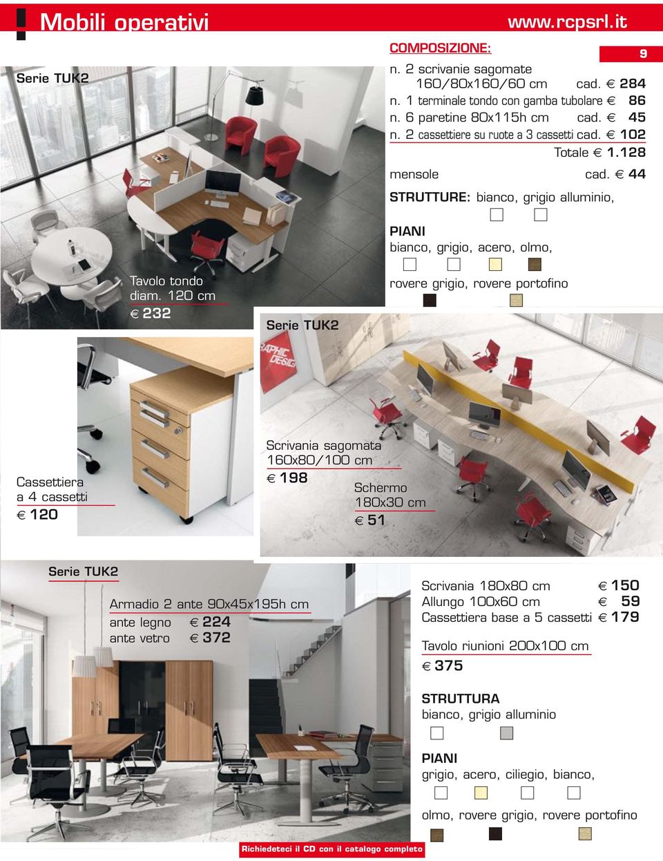 120 cm 232 Serie TUK2 rovere grigio, rovere portofino Cassettiera a 4 cassetti 120 Scrivania sagomata 160x80/100 cm 198 Schermo 180x30 cm 51 Serie TUK2 Armadio 2 ante 90x45x195h cm ante legno