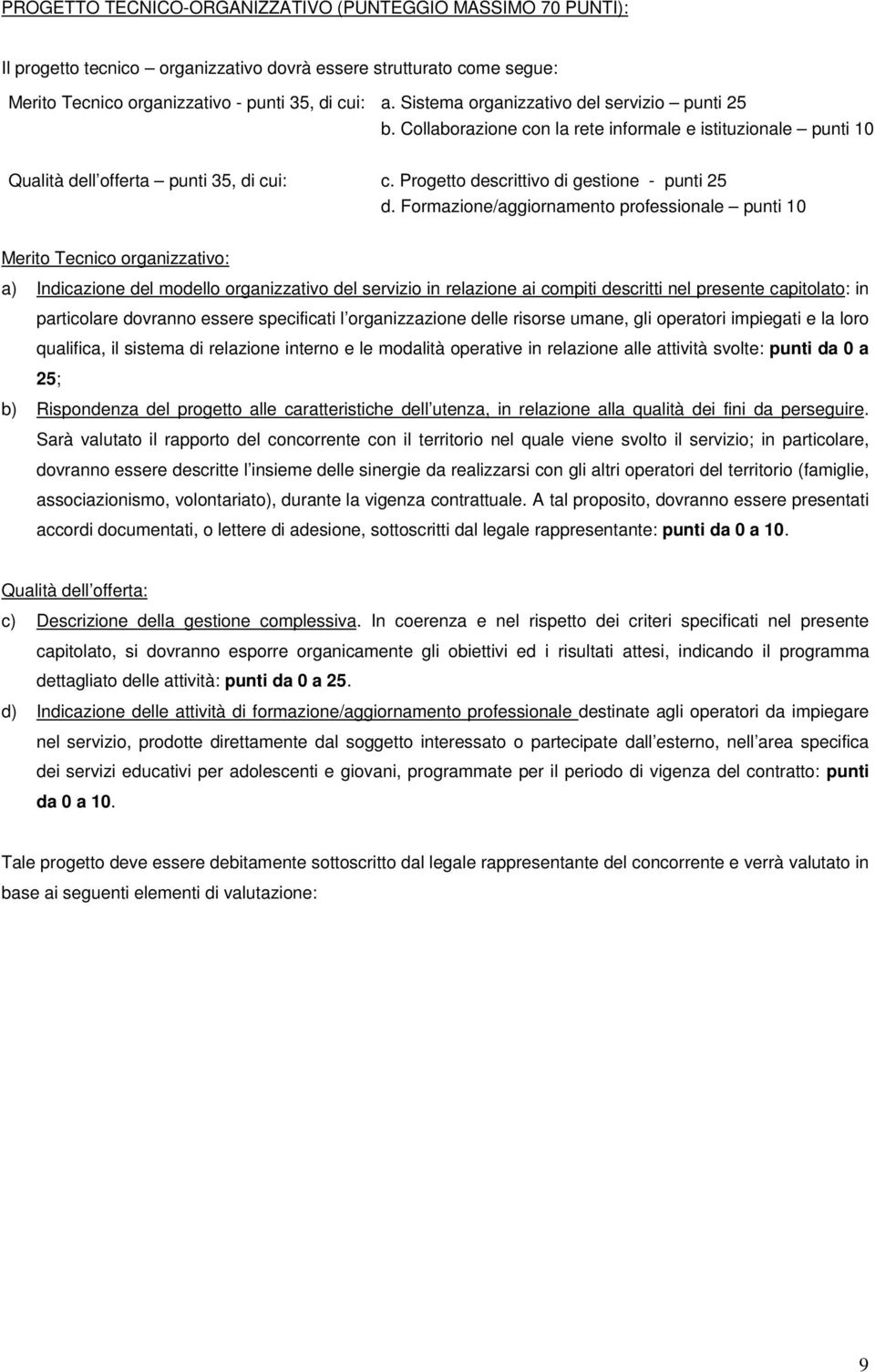 Formazione/aggiornamento professionale punti 10 Merito Tecnico organizzativo: a) Indicazione del modello organizzativo del servizio in relazione ai compiti descritti nel presente capitolato: in