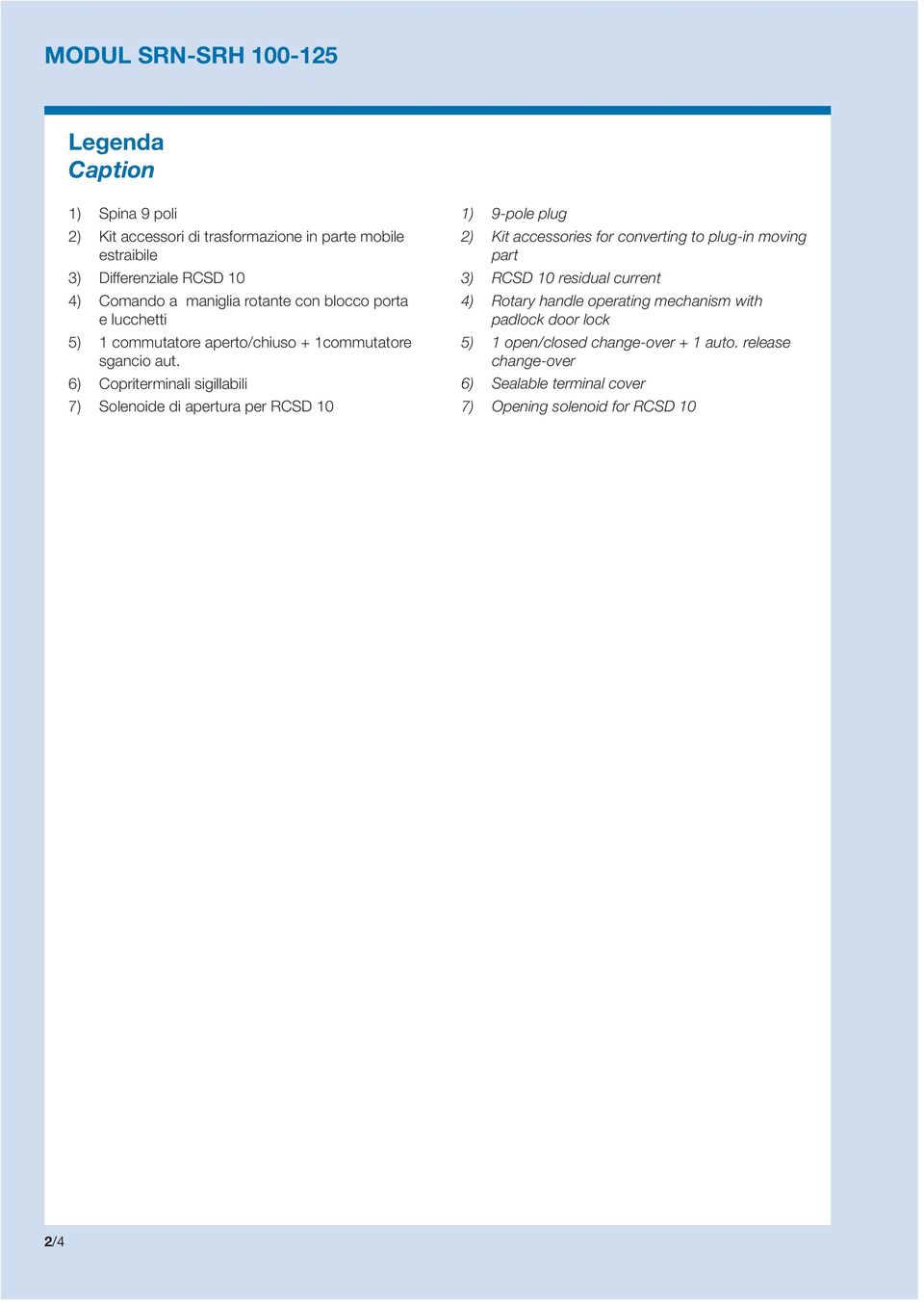 6) Copriterminali sigillabili 7) Solenoide di apertura per RCSD 10 1) 9-pole plug 2) Kit accessories for converting to plug-in moving part 3) RCSD 10