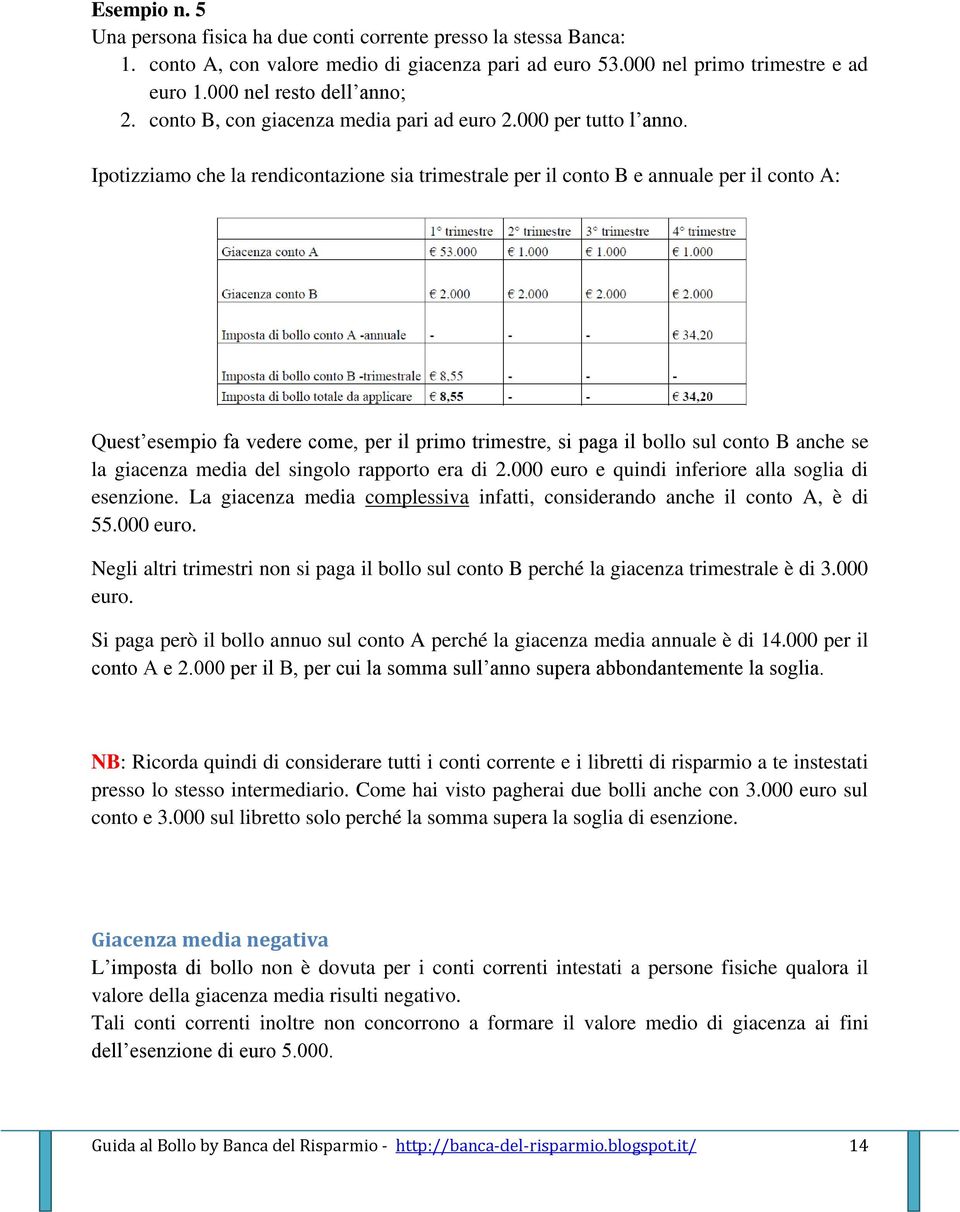 Ipotizziamo che la rendicontazione sia trimestrale per il conto B e annuale per il conto A: Quest esempio fa vedere come, per il primo trimestre, si paga il bollo sul conto B anche se la giacenza