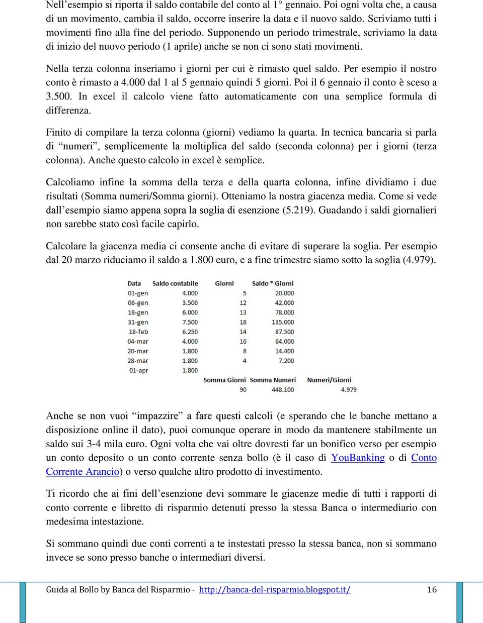 Nella terza colonna inseriamo i giorni per cui è rimasto quel saldo. Per esempio il nostro conto è rimasto a 4.000 dal 1 al 5 gennaio quindi 5 giorni. Poi il 6 gennaio il conto è sceso a 3.500.