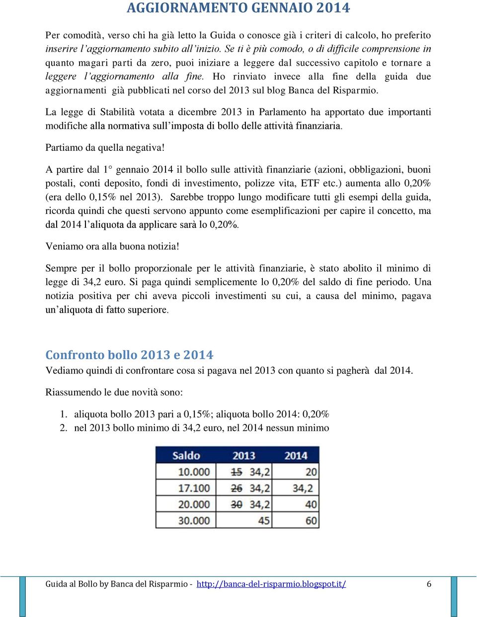 Ho rinviato invece alla fine della guida due aggiornamenti già pubblicati nel corso del 2013 sul blog Banca del Risparmio.