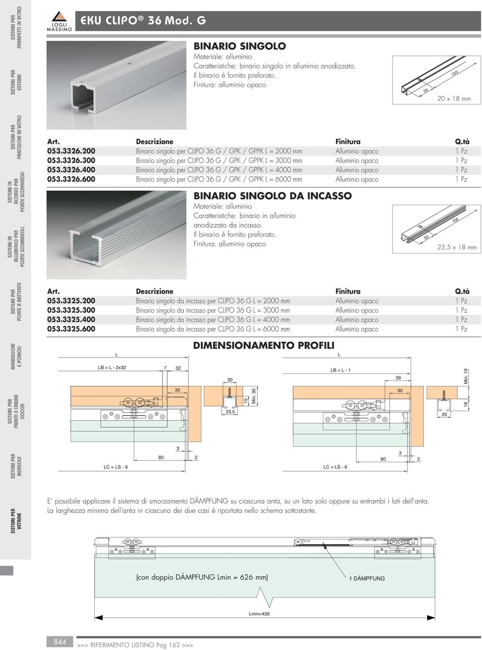 33.300 inario singolo per CLIPO 3 G / GPK / GPPK L = 3000 mm lluminio opaco 1 Pz 053.33.400 inario singolo per CLIPO 3 G / GPK / GPPK L = 4000 mm lluminio opaco 1 Pz 053.33.00 inario singolo per CLIPO 3 G / GPK / GPPK L = 000 mm lluminio opaco 1 Pz INRIO SINGOLO D INCSSO Materiale: alluminio Caratteristiche: binario in alluminio anodizzato da incasso.