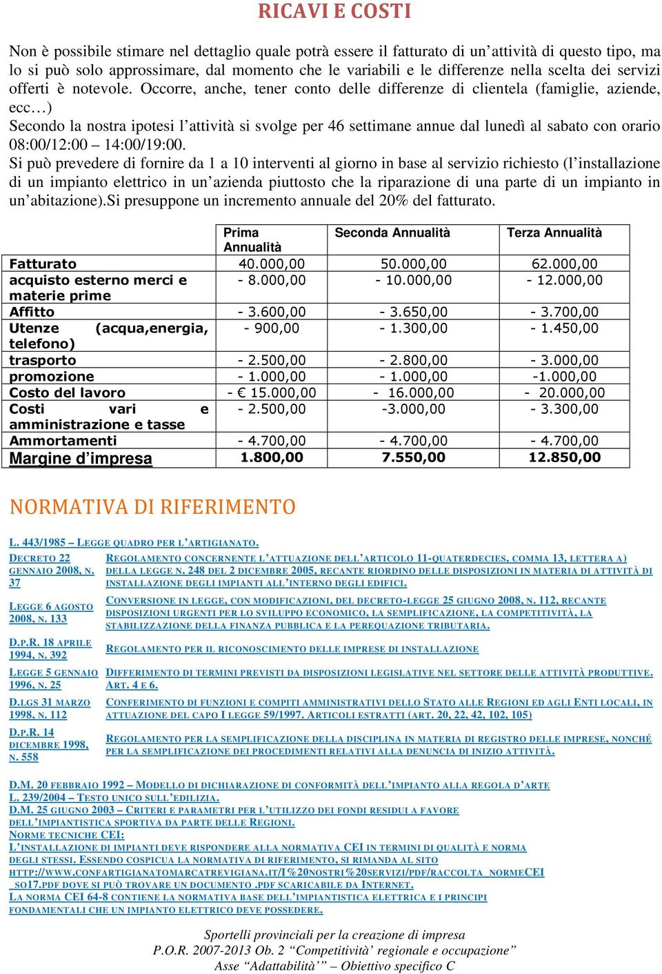 Occorre, anche, tener conto delle differenze di clientela (famiglie, aziende, ecc ) Secondo la nostra ipotesi l attività si svolge per 46 settimane annue dal lunedì al sabato con orario 08:00/12:00