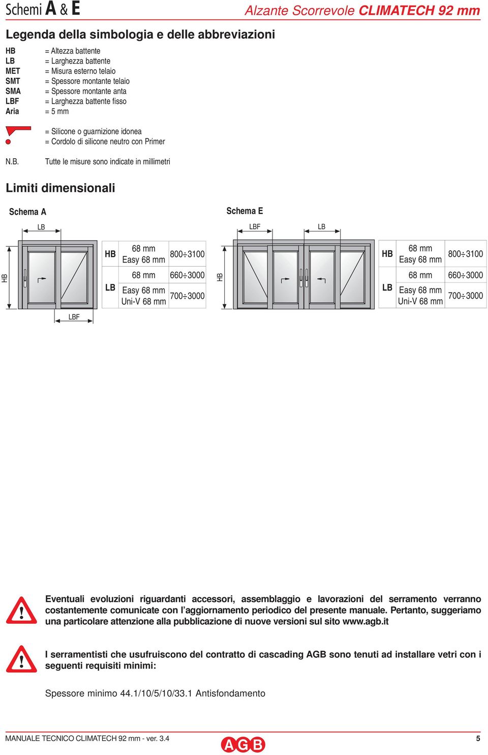 Tutte le misure sono indicate in millimetri Limiti dimensionali Schema A LB Schema E LBF LB HB 68 mm Easy 68 mm 800 3100 HB 68 mm Easy 68 mm 800 3100 HB LB 68 mm 660 3000 Easy 68 mm Uni-V 68 mm 700