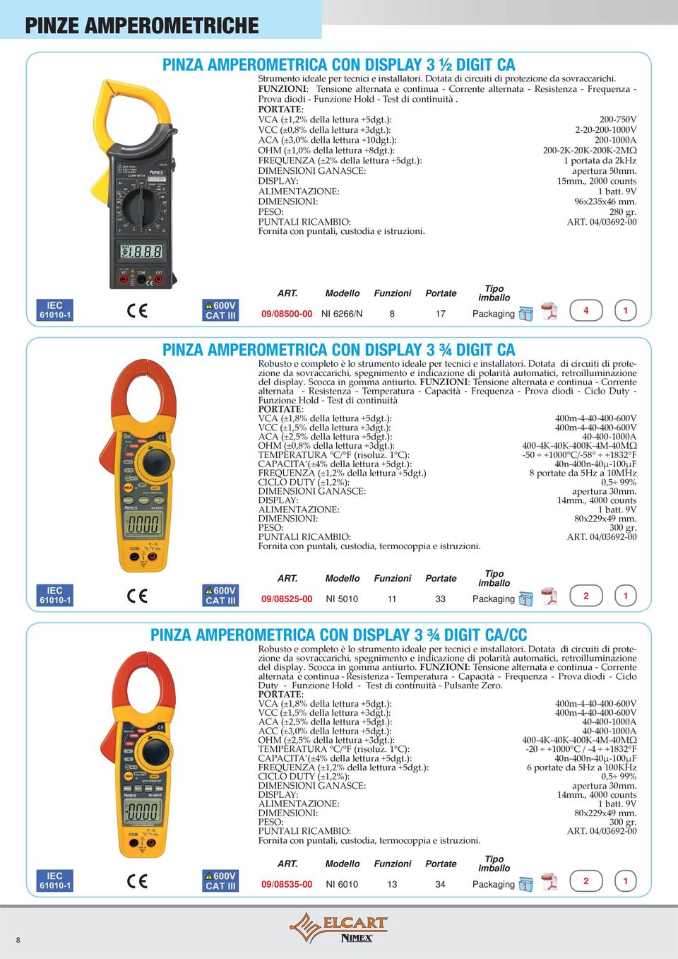 DIGIT CA - FUNZIONI Funzioni Portate 09/08525-00 NI 5010 11 33 Packaging PINZA