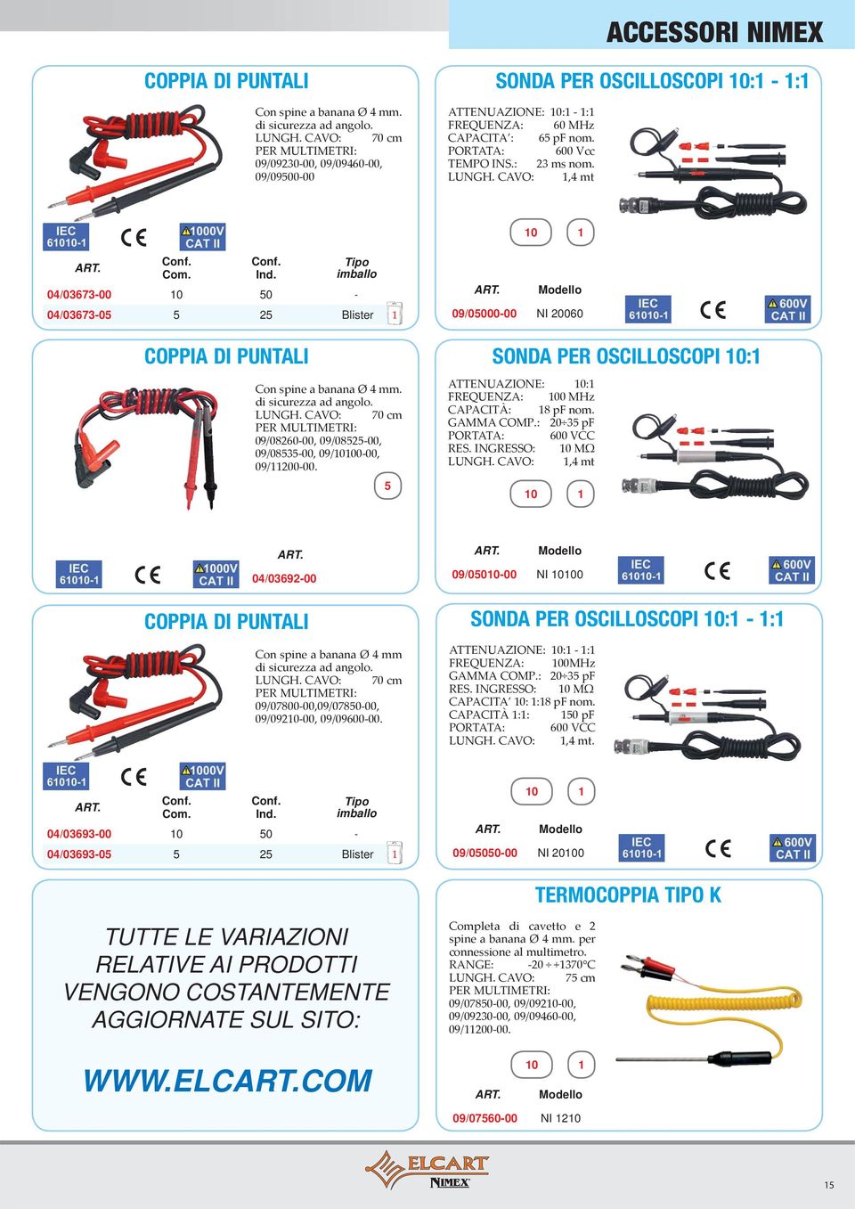 COPPIA DI PUNTALI 09/05010-00 NI 10100 SONDA PER OSCILLOSCOPI 10:1-1:1 Conf. Com. Conf. Ind.