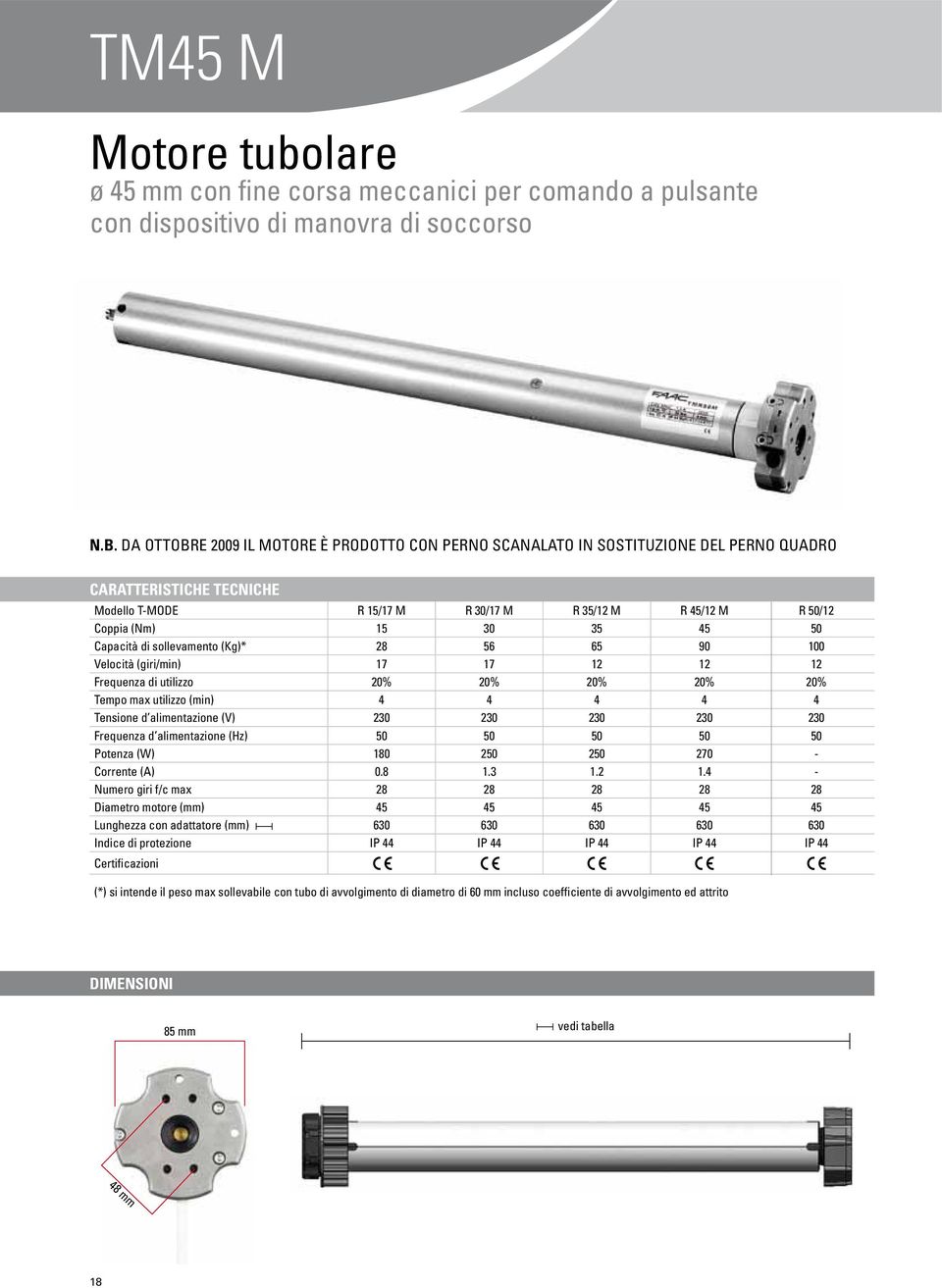 45 50 Capacità di sollevamento (Kg)* 28 56 65 90 100 Velocità (giri/min) 17 17 12 12 12 Frequenza di utilizzo 20% 20% 20% 20% 20% Tempo max utilizzo (min) 4 4 4 4 4 Tensione d alimentazione (V) 230