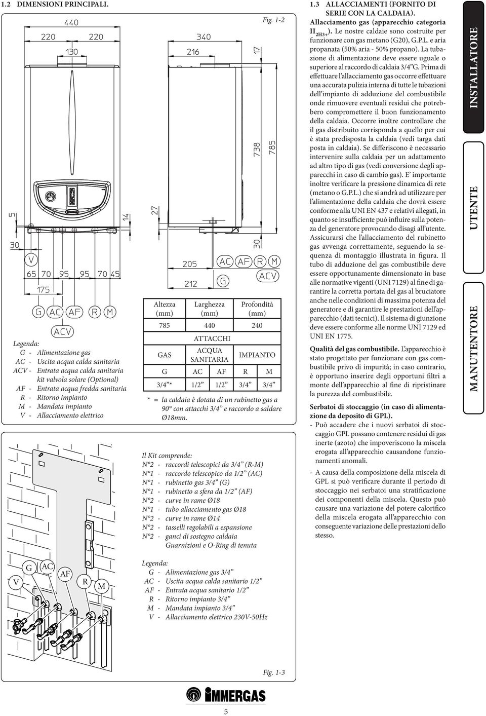 impianto V - Allacciamento elettrico Altezza (mm) Larghezza (mm) Profondità (mm) 785 440 240 GAS ATTACCHI ACQUA SANITARIA Fig.