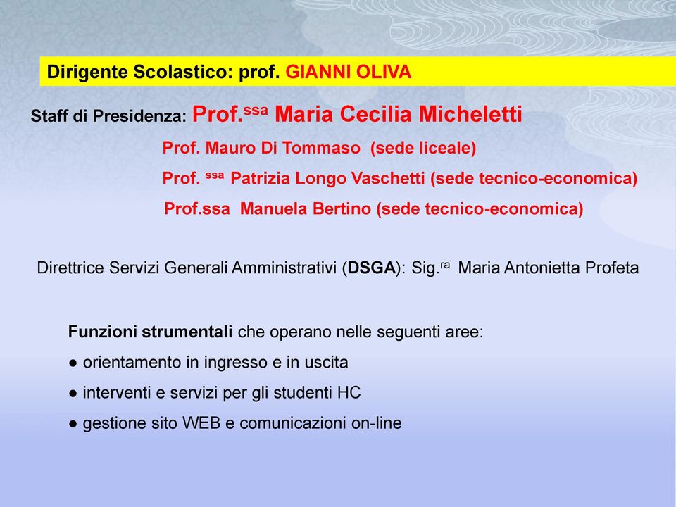 ssa Manuela Bertino (sede tecnico-economica) Direttrice Servizi Generali Amministrativi (DSGA): Sig.