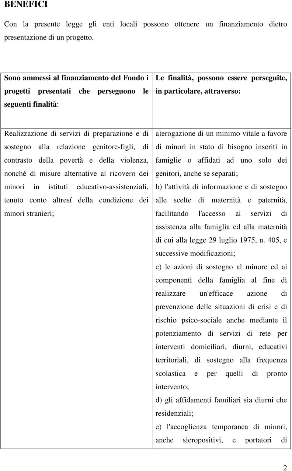 preparazione e di sostegno alla relazione genitore-figli, di contrasto della povertà e della violenza, nonché di misure alternative al ricovero dei minori in istituti educativo-assistenziali, tenuto