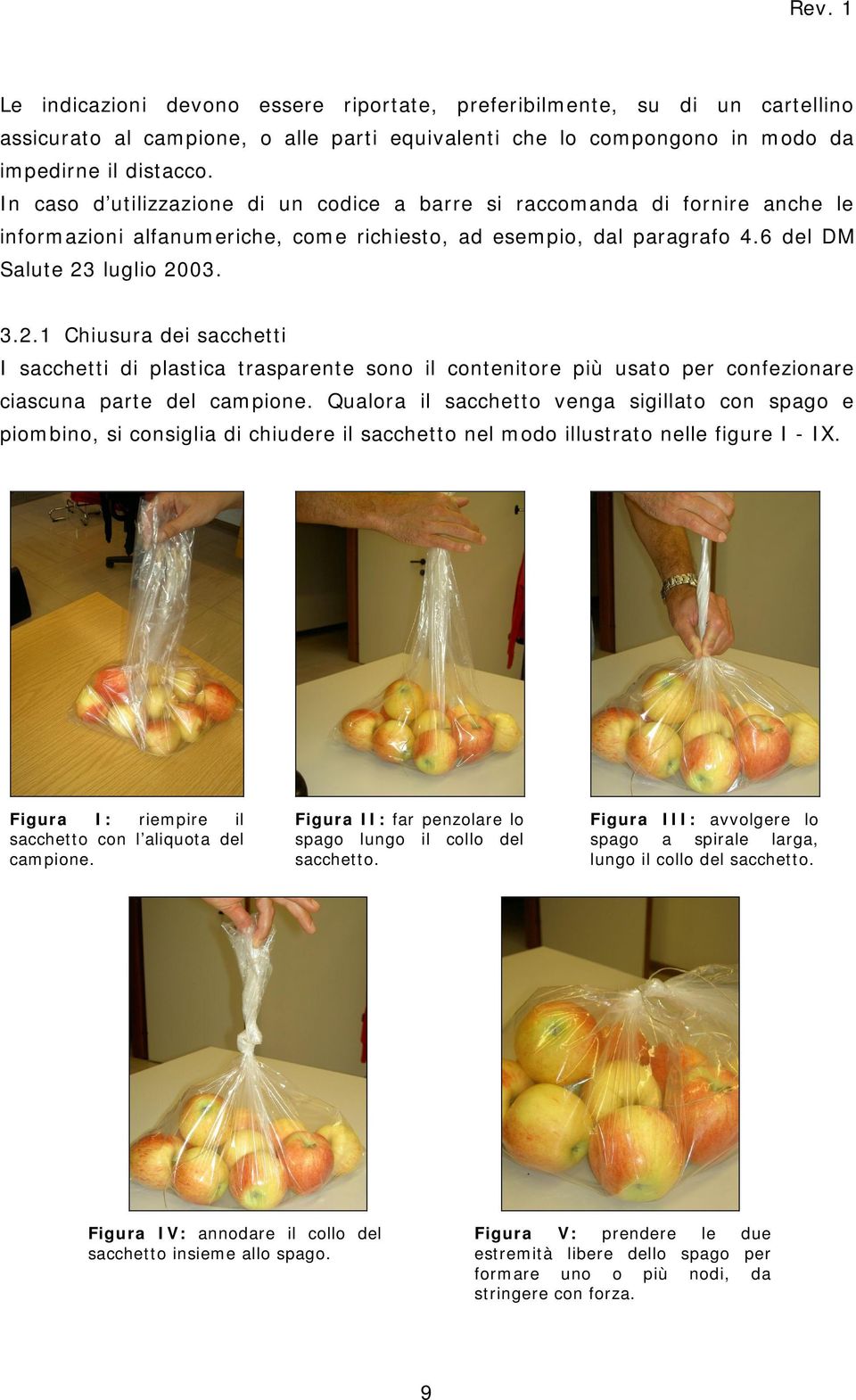 luglio 2003. 3.2.1 Chiusura dei sacchetti I sacchetti di plastica trasparente sono il contenitore più usato per confezionare ciascuna parte del campione.