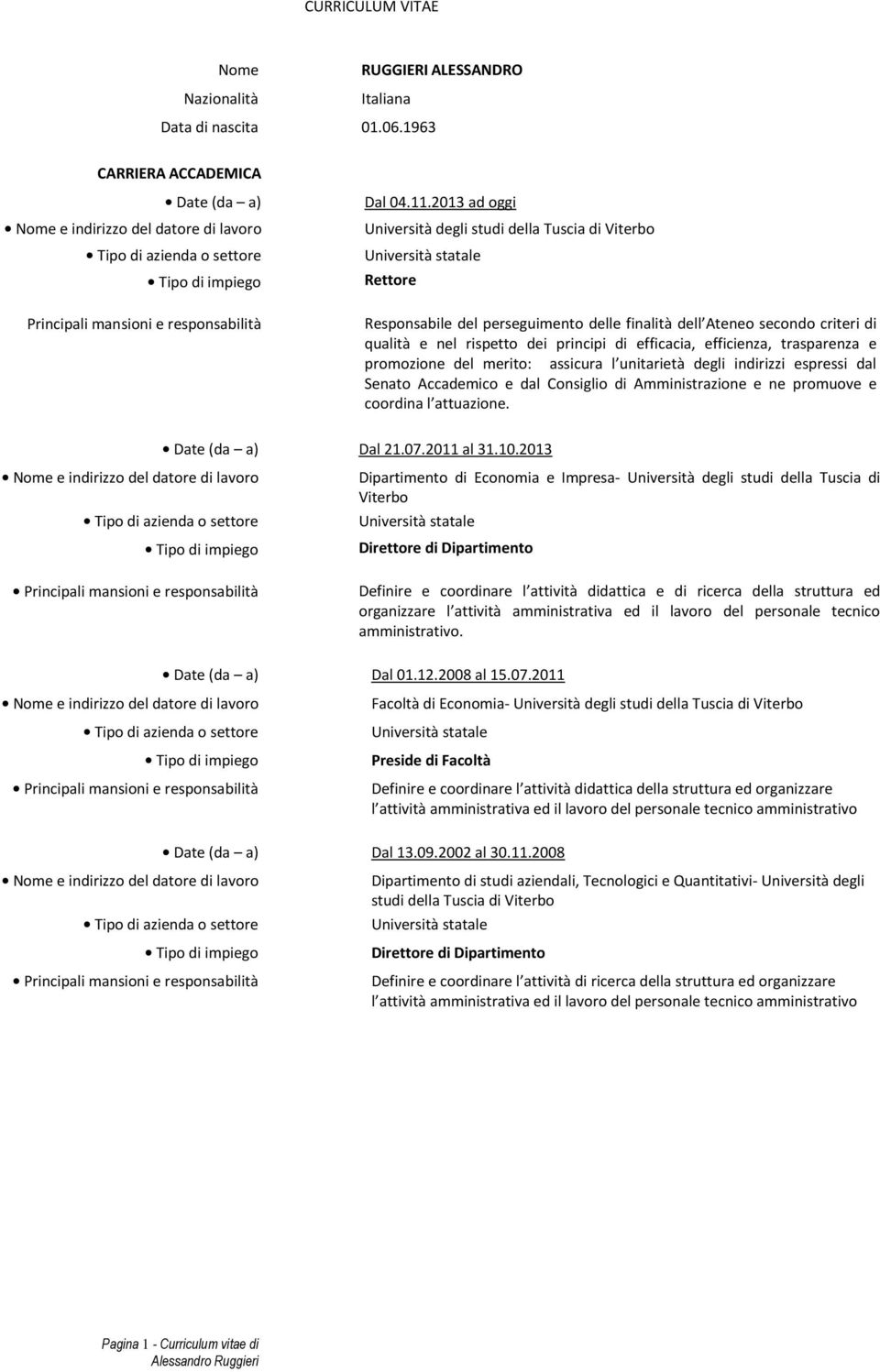 assicura l unitarietà degli indirizzi espressi dal Senato Accademico e dal Consiglio di Amministrazione e ne promuove e coordina l attuazione. Date (da a) Dal 21.07.2011 al 31.10.