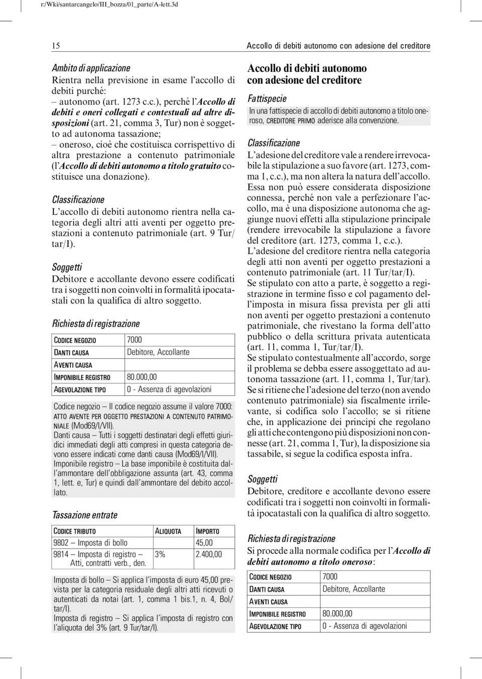 costituisce una donazione). L accollo di debiti autonomo rientra nella categoria degli altri atti aventi per oggetto prestazioni a contenuto patrimoniale (art. 9 Tur/ tar/i).