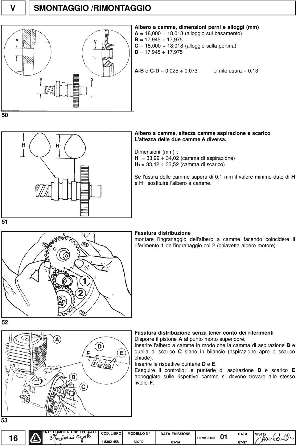 Dimensioni (mm) : H = 33,92 34,02 (camma di aspirazione) H1 = 33,42 33,52 (camma di scarico) Se l'usura delle camme supera di 0,1 mm il valore minimo dato di H e H1 sostituire l'albero a camme.