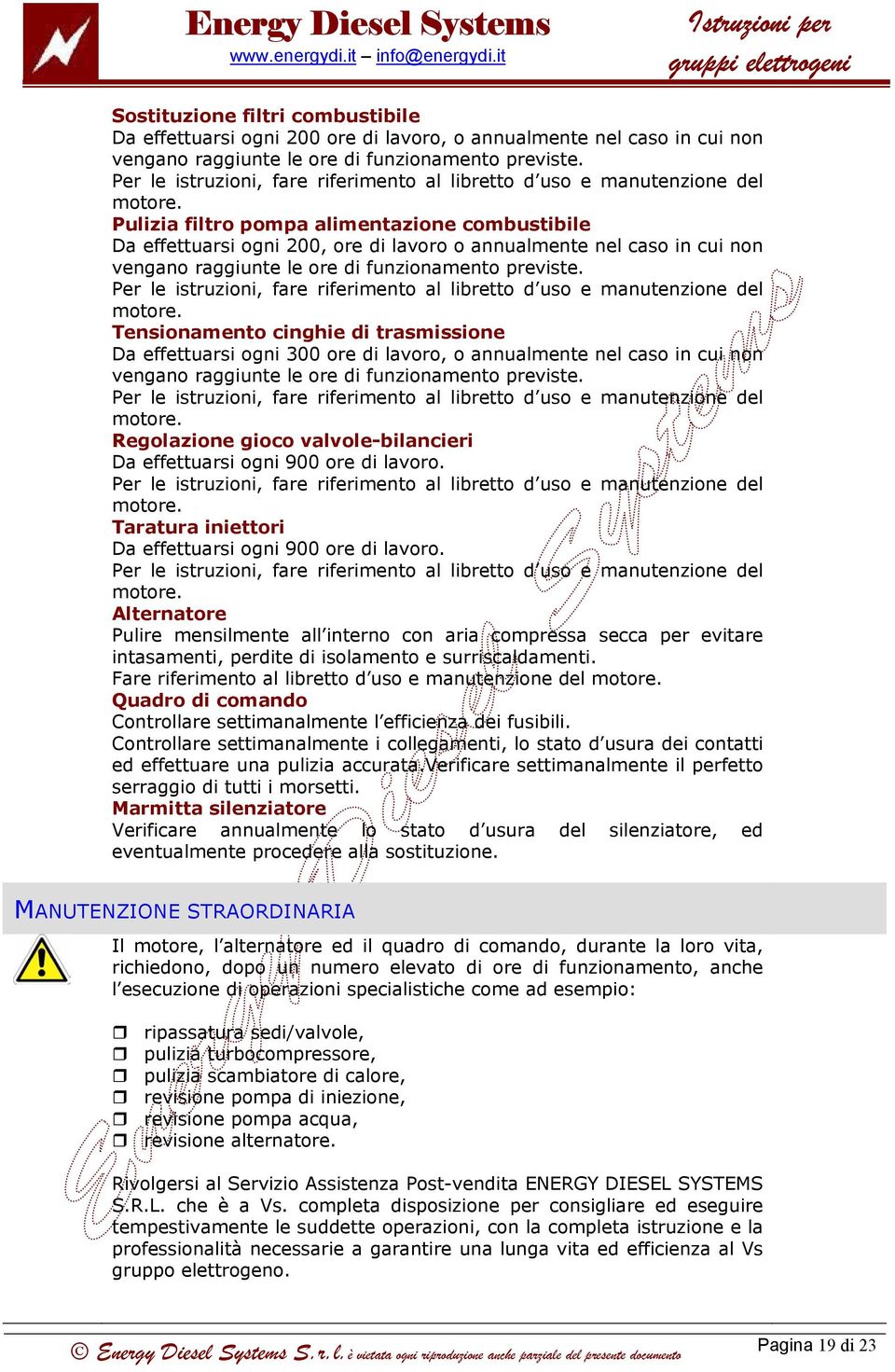 Pulizia filtro pompa alimentazione combustibile Da effettuarsi ogni 200, ore di lavoro o annualmente nel caso in cui non vengano raggiunte le ore di funzionamento previste.