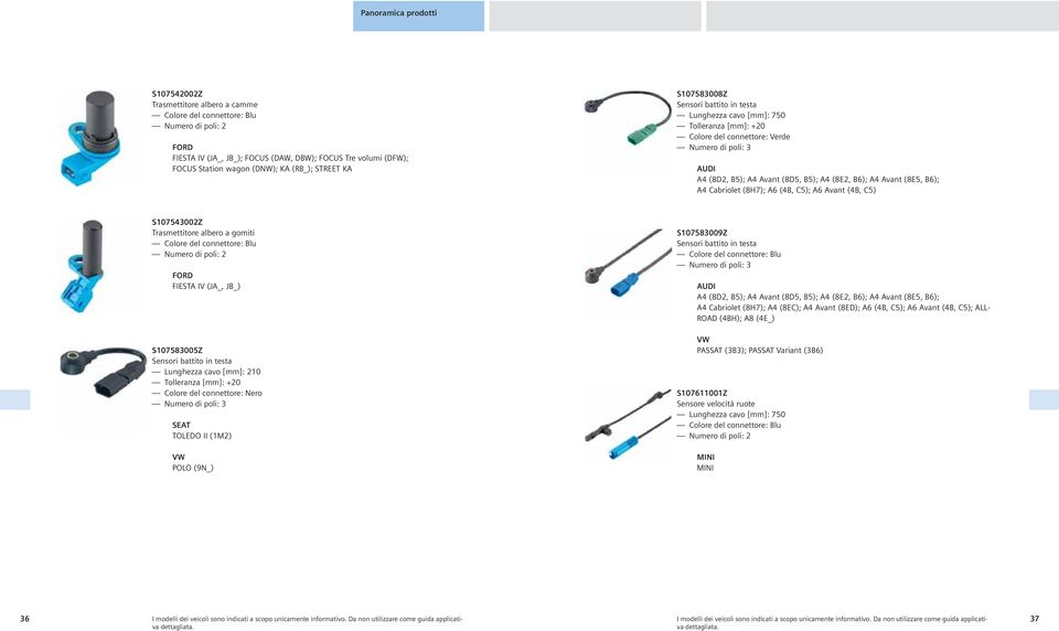 (8E2, B6); A4 Avant (8E5, B6); A4 Cabriolet (8H7); A6 (4B, C5); A6 Avant (4B, C5) S107543002Z Trasmettitore albero a gomiti Colore del connettore: Blu Numero di poli: 2 FORD FIESTA IV (JA_, JB_)