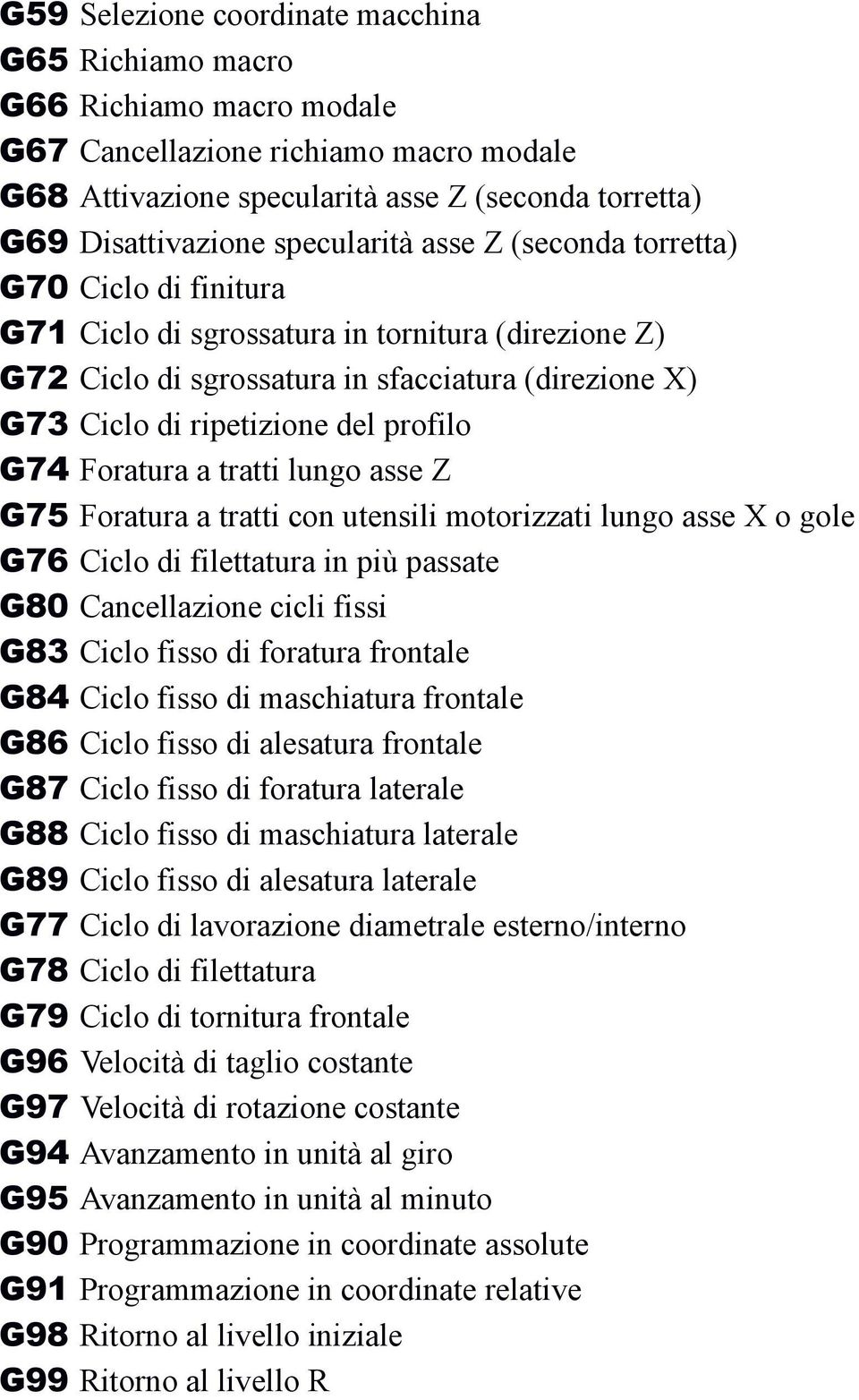 (direzione Z) Ciclo di sgrossatura in sfacciatura (direzione X) Ciclo di ripetizione del profilo Foratura a tratti lungo asse Z Foratura a tratti con utensili motorizzati lungo asse X o gole Ciclo di