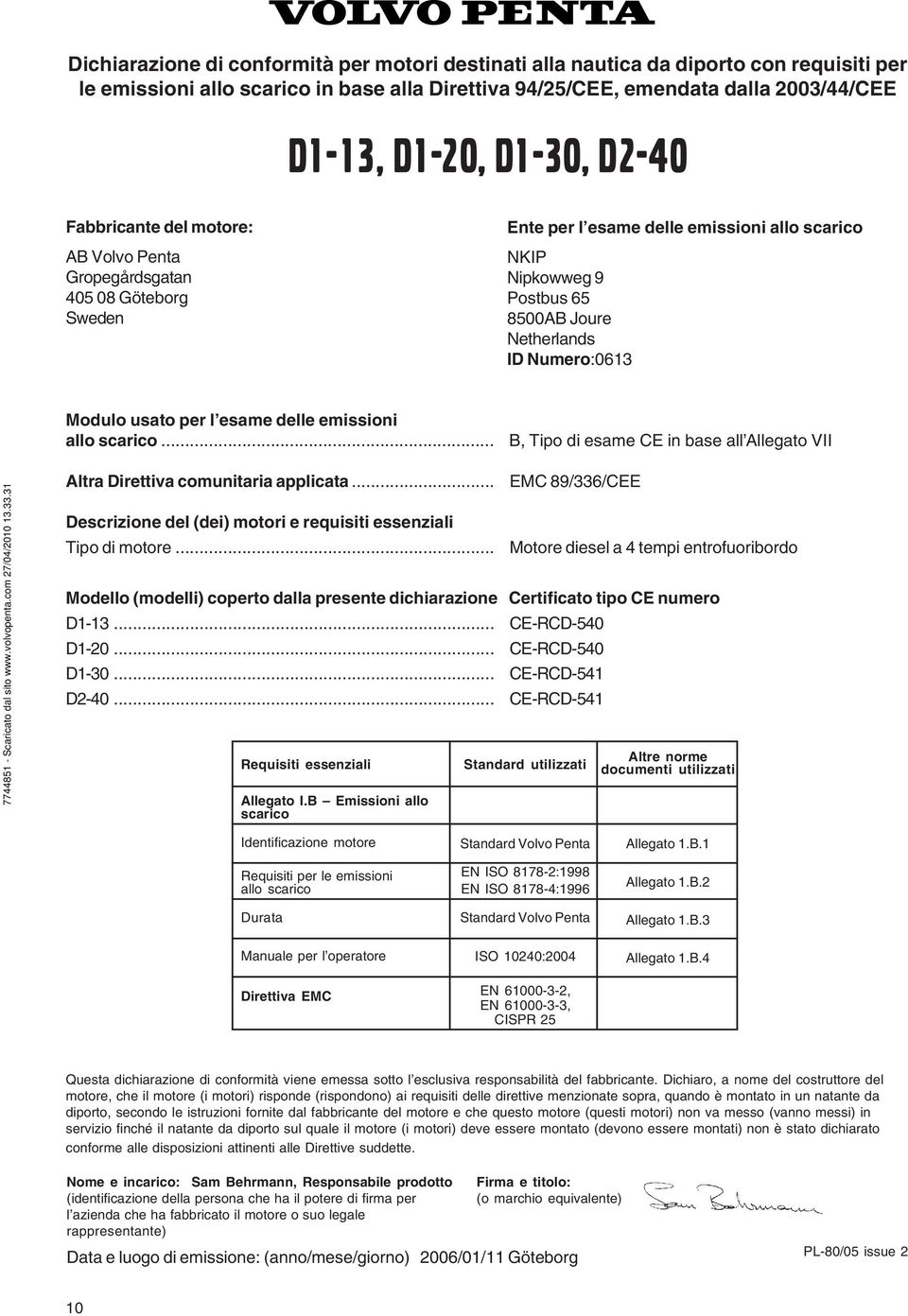 Modulo usato per l esame delle emissioni allo scarico... B, Tipo di esame CE in base all Allegato VII Altra Direttiva comunitaria applicata.