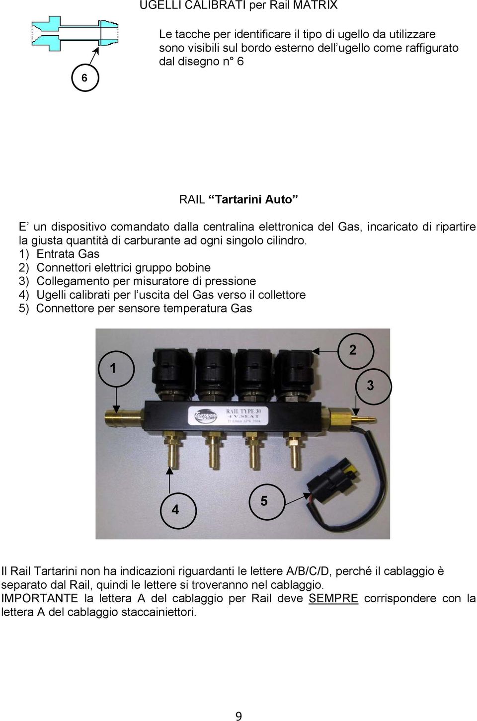 1) Entrata Gas 2) Connettori elettrici gruppo bobine 3) Collegamento per misuratore di pressione 4) Ugelli calibrati per l uscita del Gas verso il collettore 5) Connettore per sensore temperatura Gas