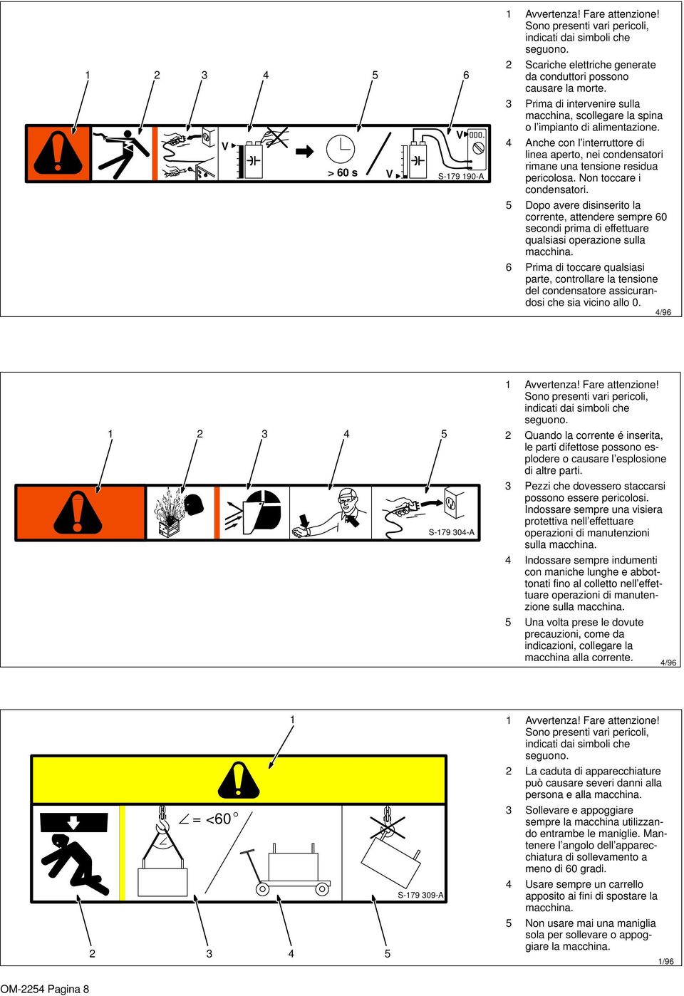 Non toccare i condensatori. 5 Dopo avere disinserito la corrente, attendere sempre 60 secondi prima di effettuare qualsiasi operazione sulla macchina.