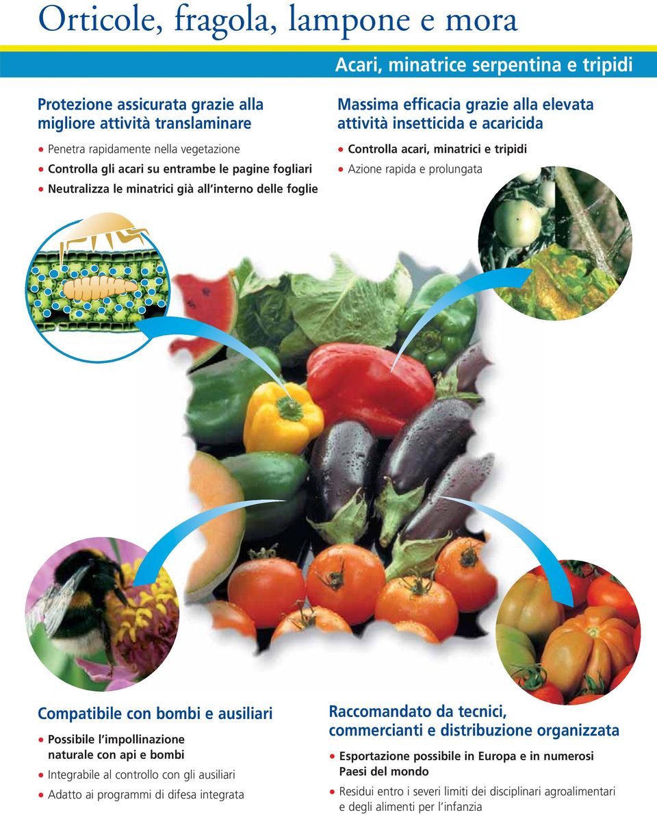 rapida e prolungata Compatibile con bombi e ausiliari Possibile l impollinazione naturale con api e bombi Integrabile al controllo con gli ausiliari Adatto ai programmi di difesa integrata