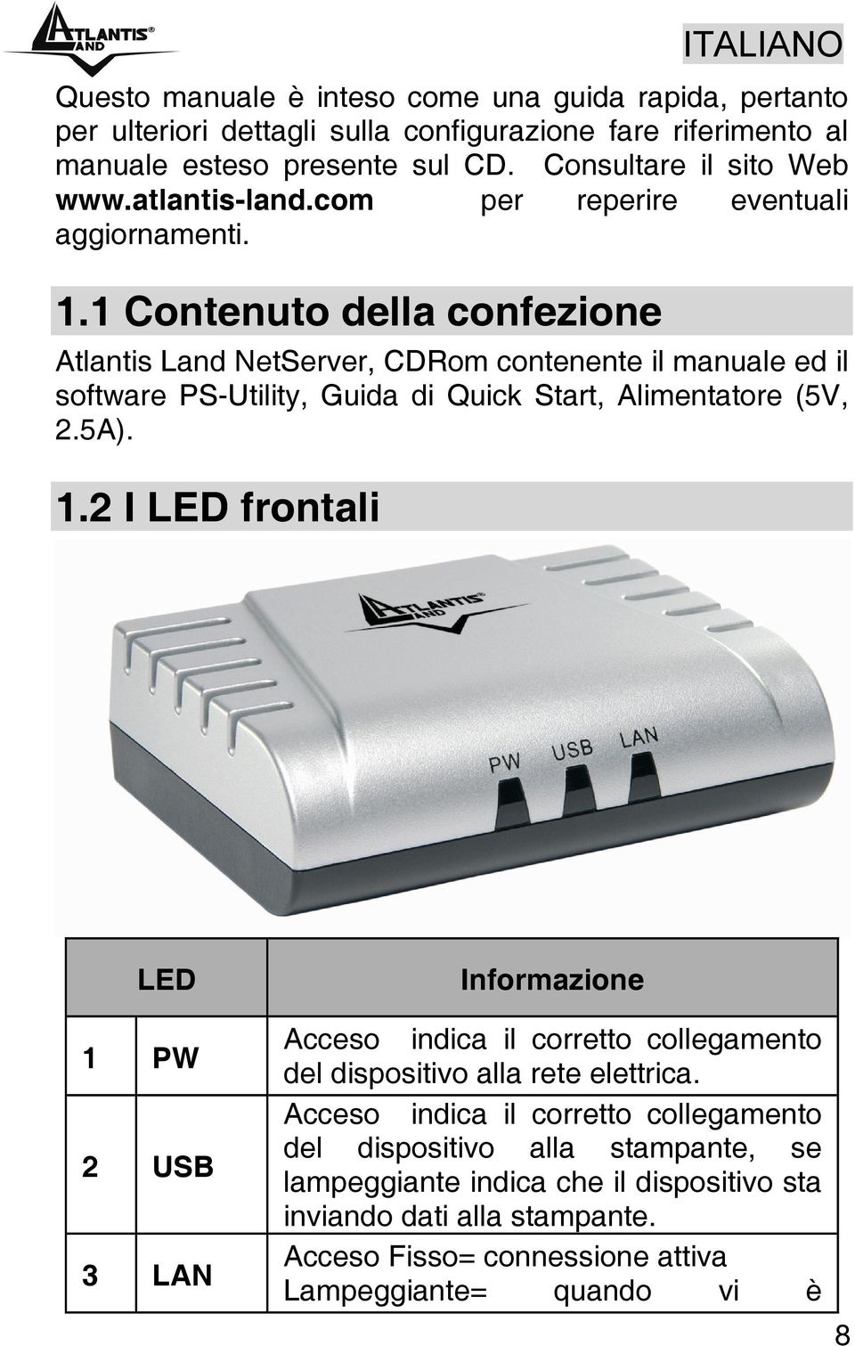 1 Contenuto della confezione Atlantis Land NetServer, CDRom contenente il manuale ed il software PS-Utility, Guida di Quick Start, Alimentatore (5V, 2.5A). 1.