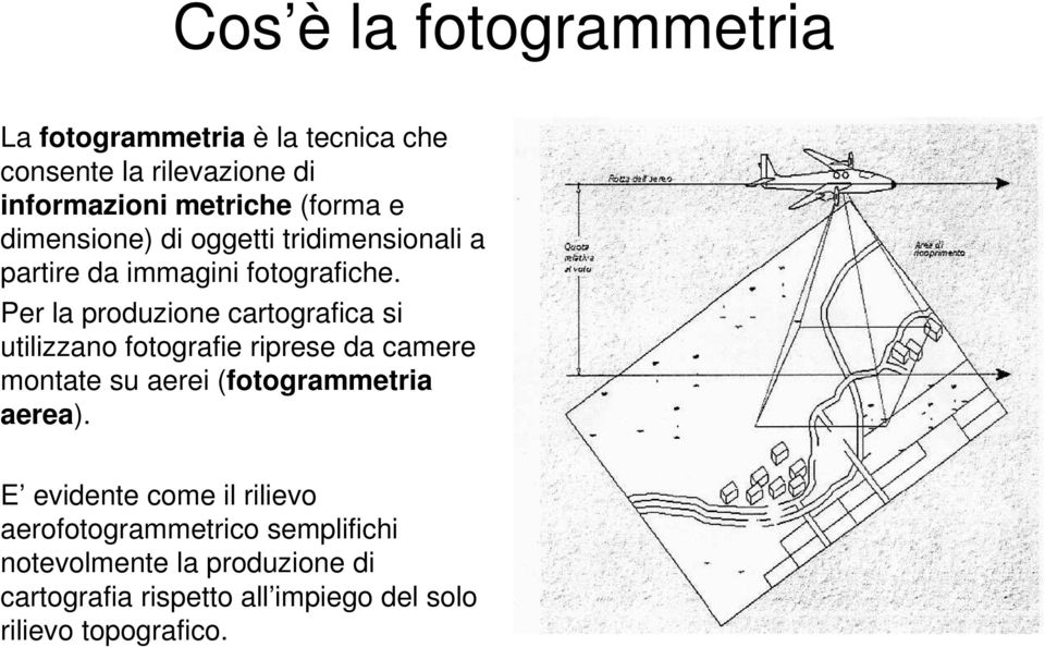 Per la produzione cartografica si utilizzano fotografie riprese da camere montate su aerei (fotogrammetria aerea).