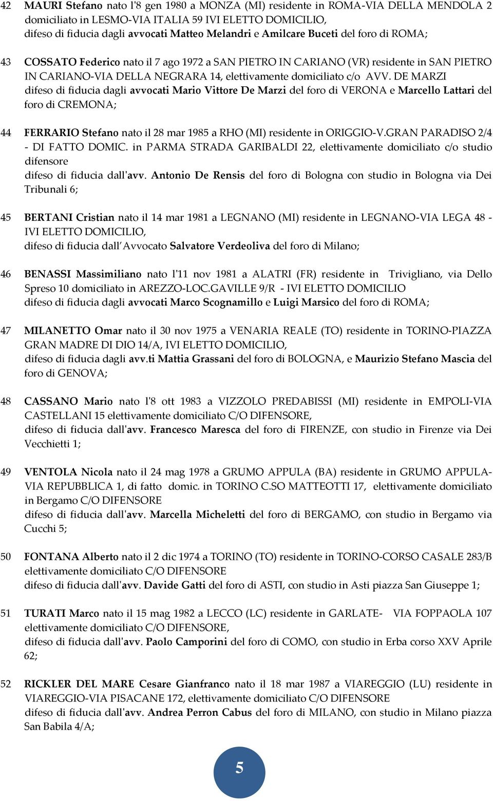 DE MARZI difeso di fiducia dagli avvocati Mario Vittore De Marzi del foro di VERONA e Marcello Lattari del foro di CREMONA; 44 FERRARIO Stefano nato il 28 mar 1985 a RHO (MI) residente in ORIGGIO-V.