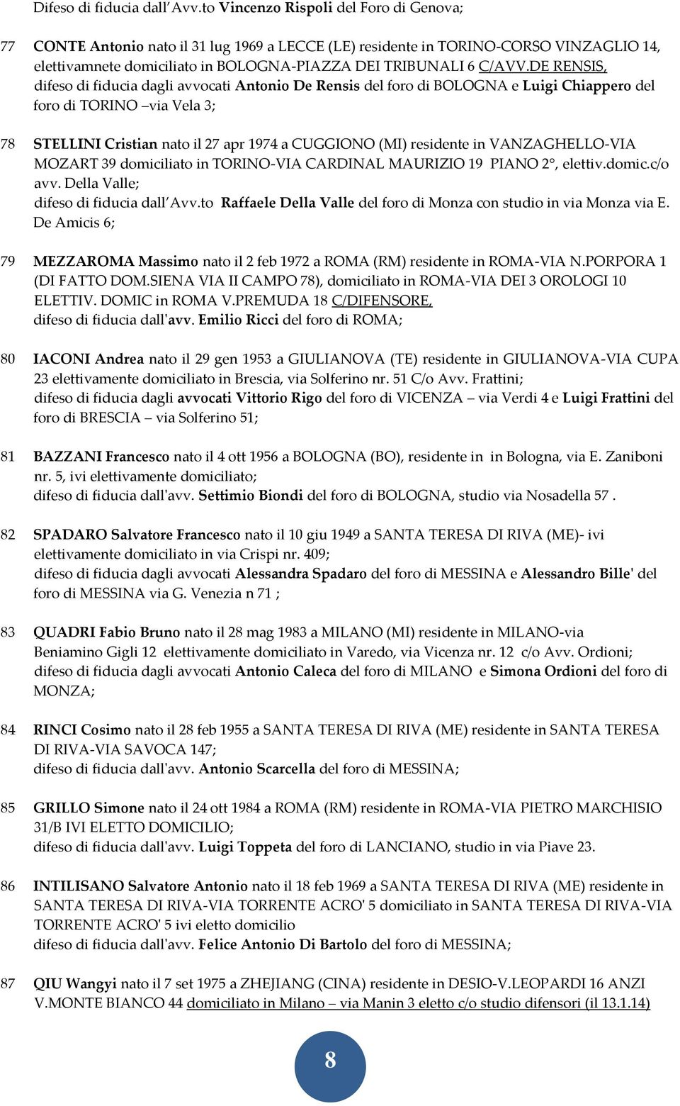 DE RENSIS, difeso di fiducia dagli avvocati Antonio De Rensis del foro di BOLOGNA e Luigi Chiappero del foro di TORINO via Vela 3; 78 STELLINI Cristian nato il 27 apr 1974 a CUGGIONO (MI) residente